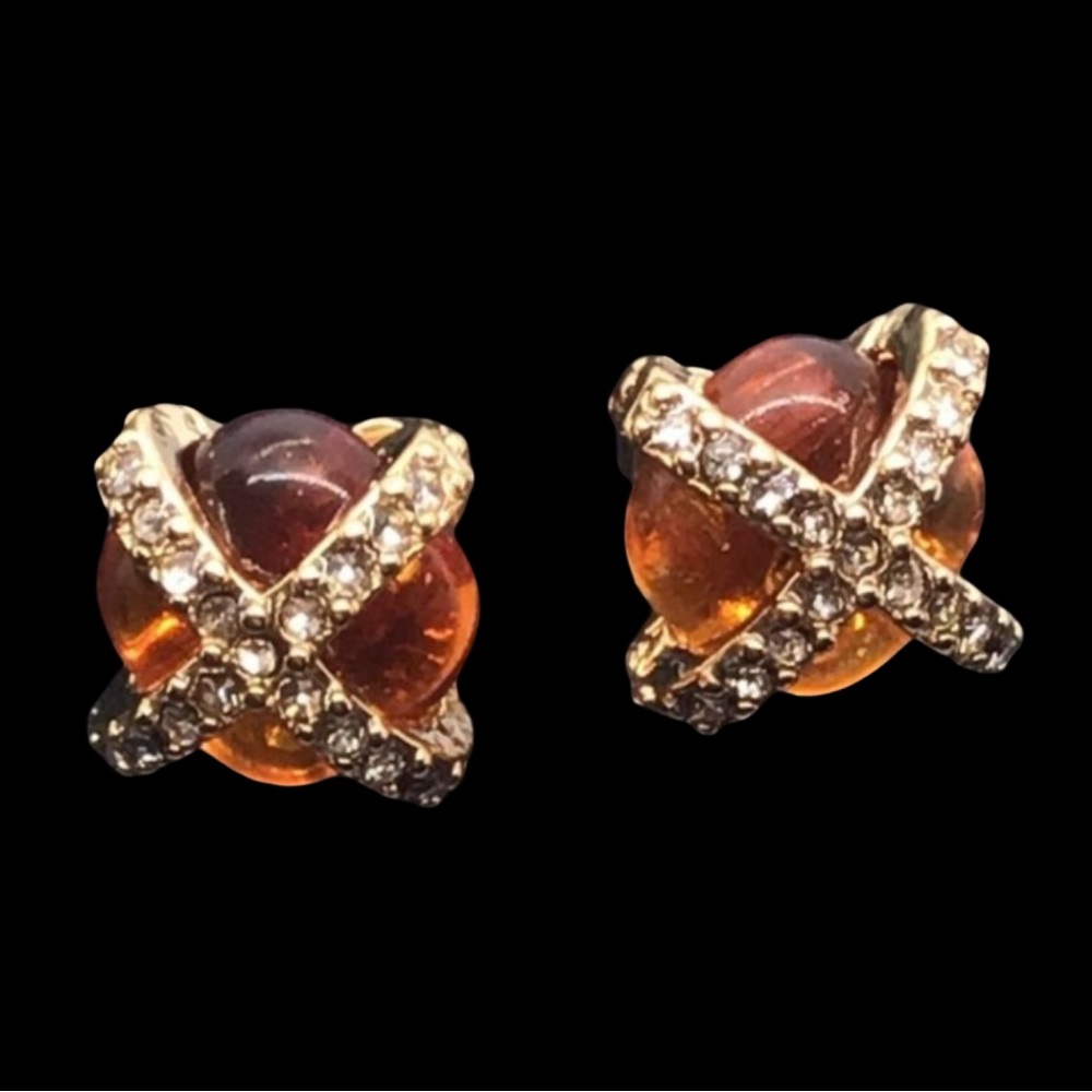 Amber Colored Rhinestone Detail Stud Earrings With Gold Plated Setting For Women